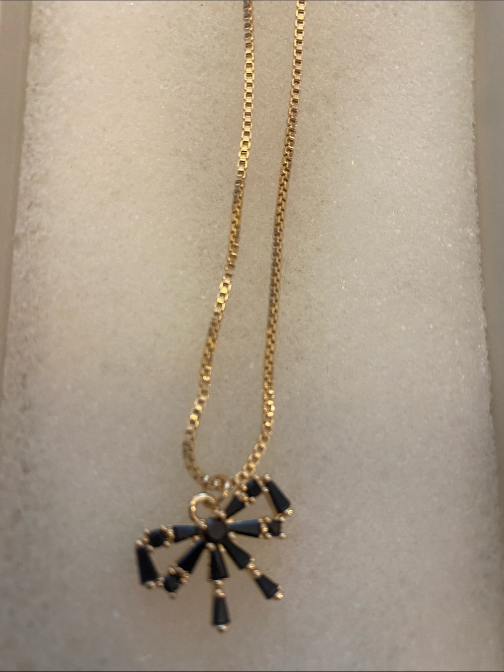 Gold Tone Bow Pendant Necklace with black crystals adjusts 16-18 in NWOT